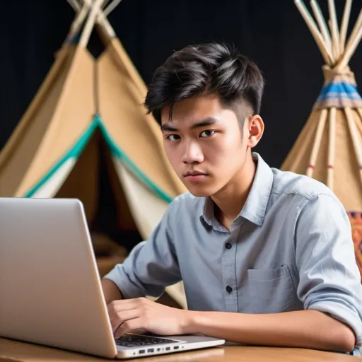 Prompt: a high school student, with asian face is designing something in laptop, age around 20, with a semi formal shirt in school with a senyum tipis

the screen in laptop shows: web design