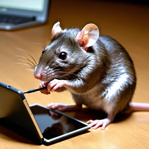 Prompt: un rat�n usando herramientas tecnol�gicas como tablet, celular y laptop