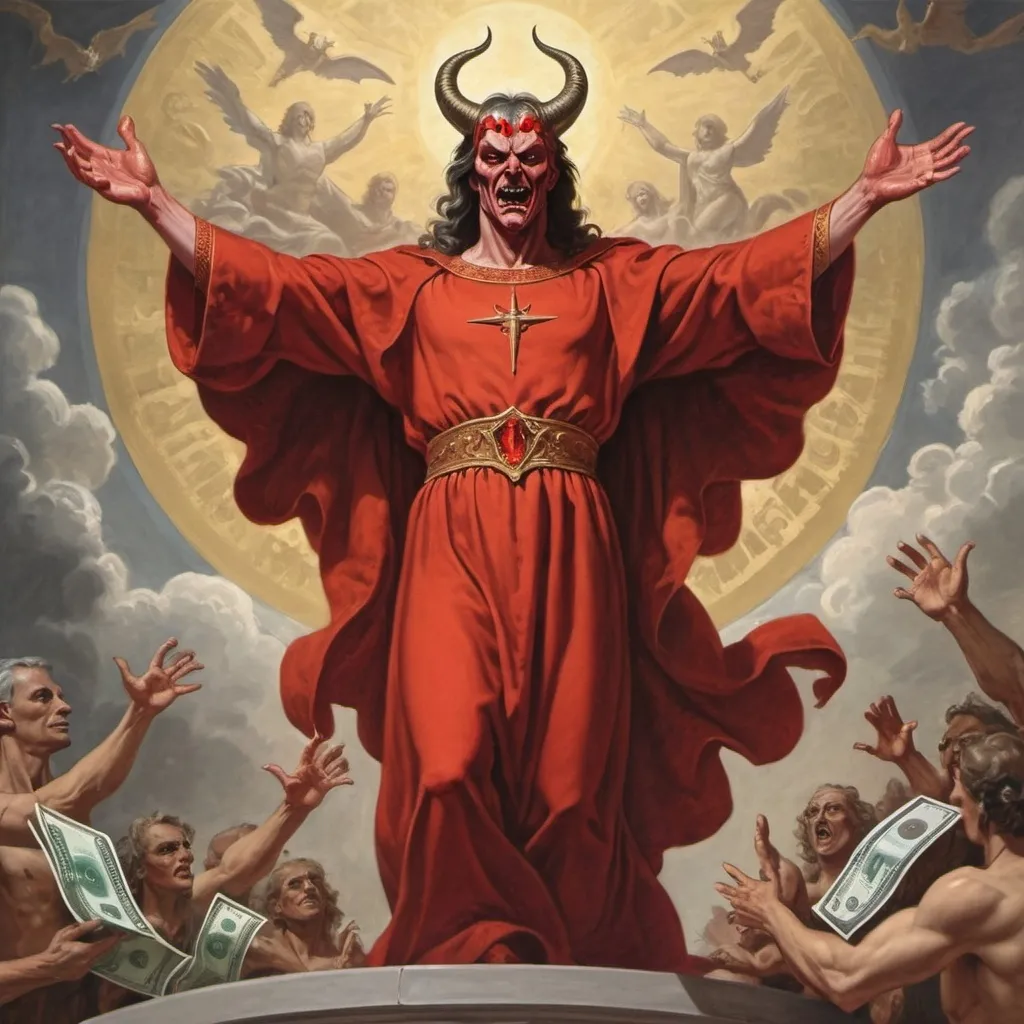 Prompt: Satan, ruler of the world, has his arms stretched out to the world who are in return, absent mindedly doing his beckoning lured by the quest of money, power and fame.