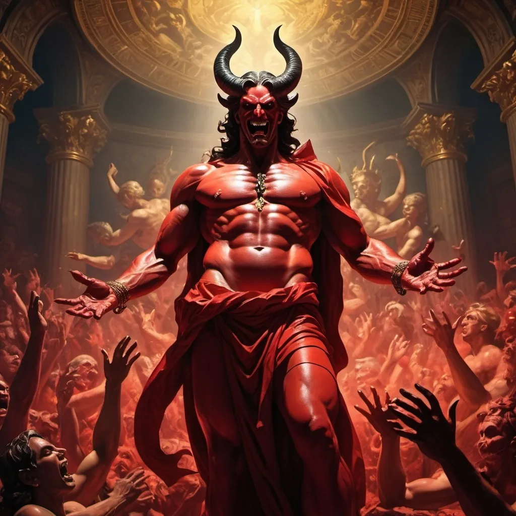 Prompt: Satan, ruler of the world, has his arms stretched out to the world who are in return, absent mindedly doing his beckoning lured by the quest of money, power and fame.