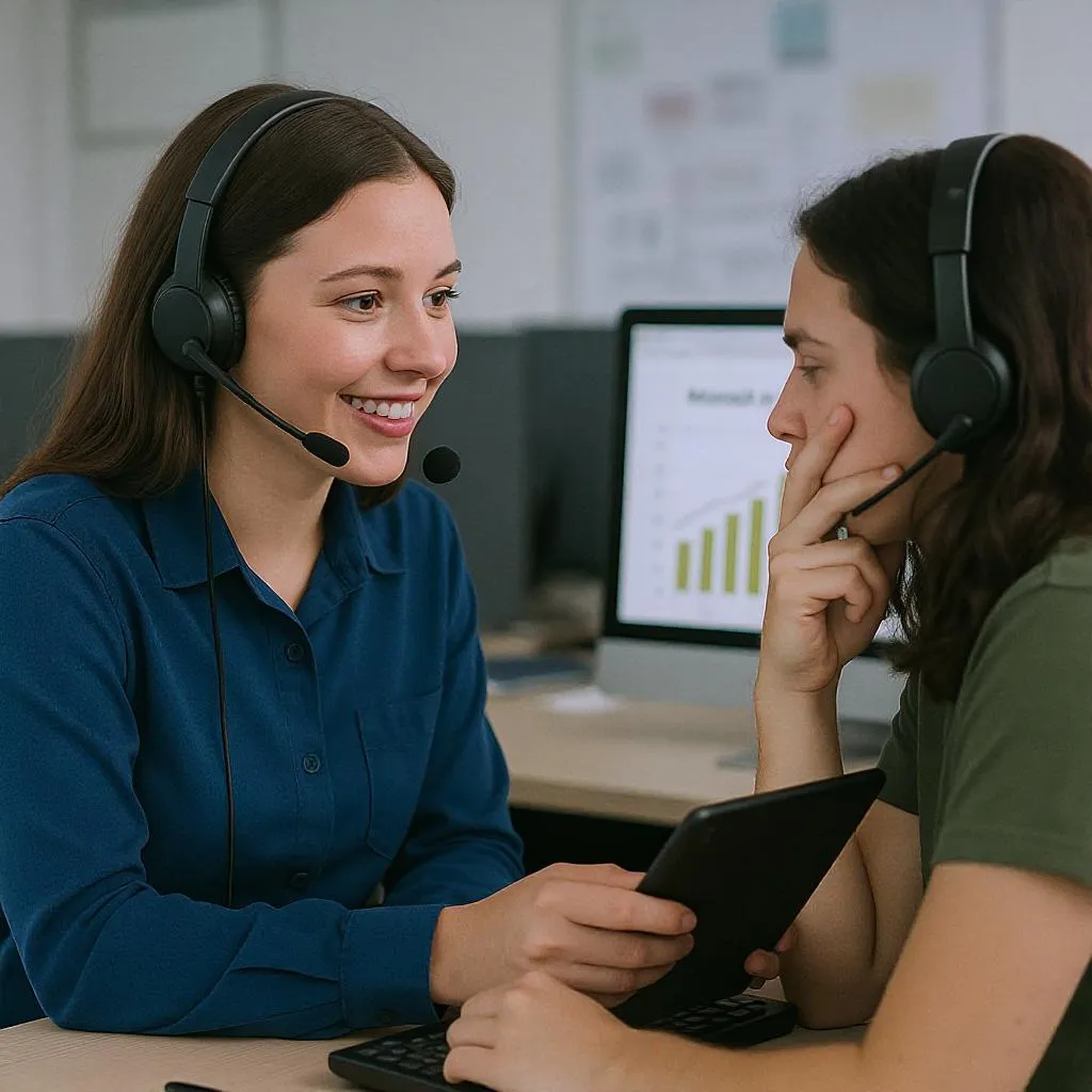 Prompt: A call center agent handling difficult customer demonstrating cognitive behavioral skills