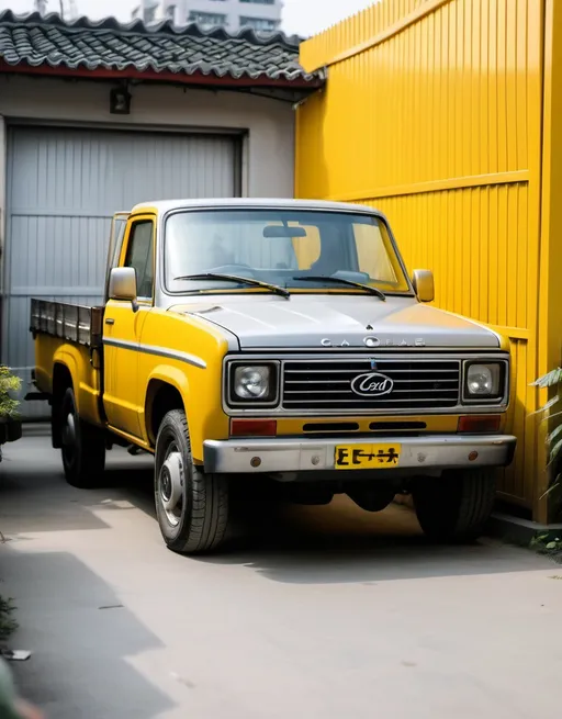 Prompt: a silver truck parked in a garage next to a yellow fence and a yellow fence behind it and a yellow fence, Cao Zhibai, auto-destructive art, front view, a photocopy