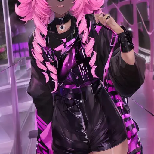 Prompt: (((black skin))), (((((goth fashion))))), femboy, (((micro shorts))), curly hair, black to pink gradient hair, anime, (((male))), ((pansexual flag))