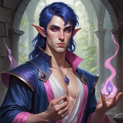 Prompt: dungeons and dragons fantasy art half-elf male sorcerer with dark blue hair and pink iris revealing cleavage and young face