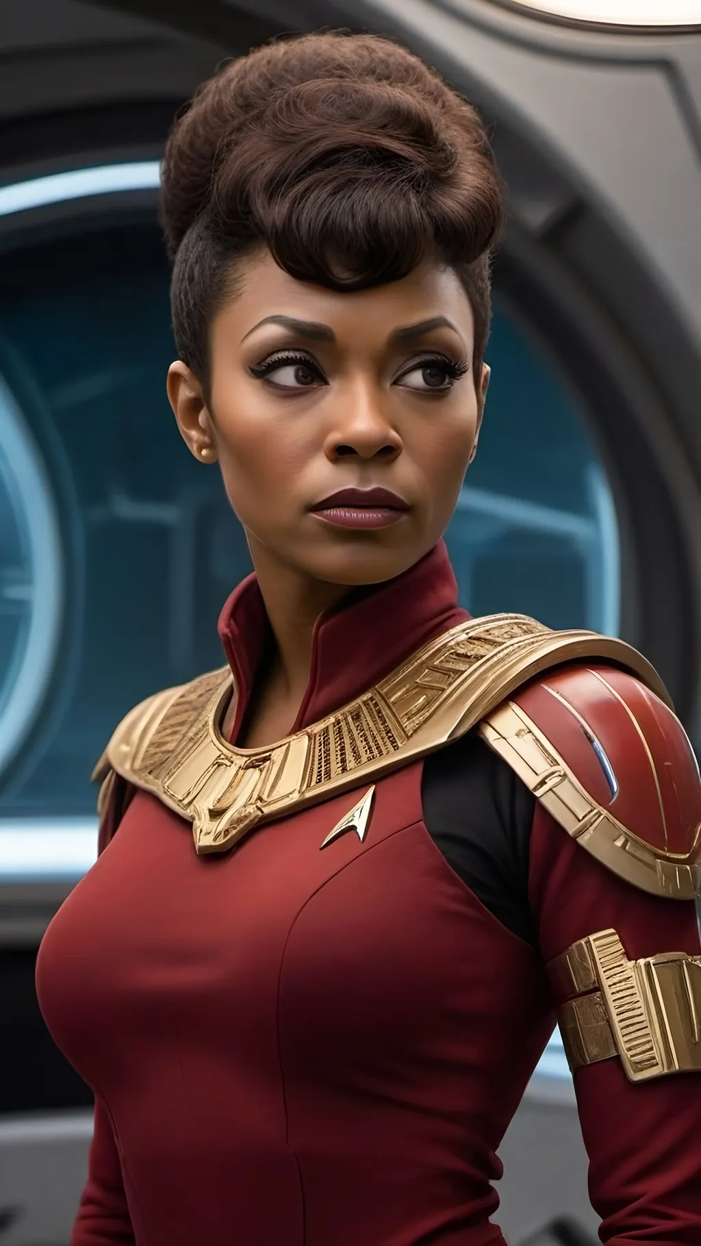 Prompt:  Lieutenant Uhura,  demure, dark skin, ferocious demeanor, intricate makeup, Roman-inspired jewelry, intelligent vibe, hyper feminine, intricate Roman-inspired haircut, detailed red Roman-inspired Starfleet armor, ornate, intricate design, highly detailed Starfleet communicator badges, gold and jewel embellishments, realistic rank insignia, relaxed posture, natural posture, dramatic lighting and shadows,  sci-fi, detailed face, detailed facial wrinkles, relaxed facial expression, highly detailed skin texture, detailed hair, detailed hair texture, highly detailed eyes, detailed iris texture, detailed pupils, highly detailed eyelashes, highly detailed eyebrows, highly detailed ears, detailed arms, relaxed arms, detailed hands, detailed mouth texture, relaxed hands, detailed fingers, detailed mouths, relaxed mouths, detailed teeth, on a highly detailed futuristic starship, futuristic Roman-inspired design, marble and acrylic materials, cinematic quality, dynamic composition, unique visual narrative, dramatic angles, diffuse professional lighting, opulent, splendid, subdued color scheme, sci-fi, futuristic, detailed architecture, grand scale, professional, atmospheric lighting, 