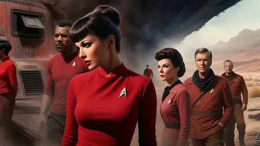 Prompt: Film noir version of Star Trek, Captain James T. Kirk, Spock, Commander Montgomery Scott, Lieutenant  Uhura, Dr. McCoy, Nurse Christine Chapel, crew members in red shirts,
Realistic digital painting of a drifter, gritty post-apocalyptic wasteland, dusty and desolate environment,  high quality, detailed textures, realistic, post-apocalyptic, emotional storytelling, intense lighting and shadows, muted earthy tones, Denis Villeneuve-inspired, detailed facial expressions, dust and debris in the air, emotional connection, IMAX 70mm film, Zeiss ZM T* Biogon 21/2.8 lens