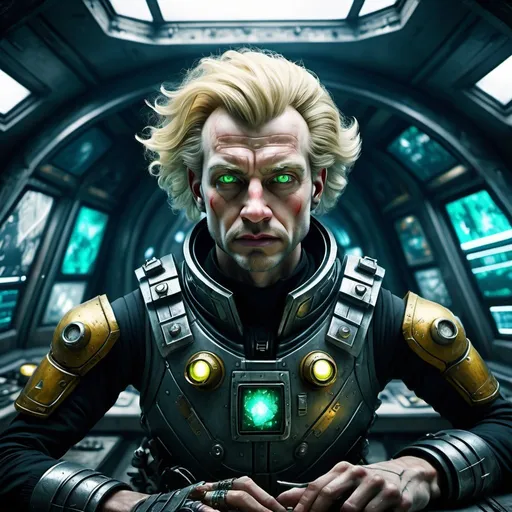 Prompt:  highly detailed realistic oil painting by  Rembrandt for a  space pirate horror movie set in 3624, in deep space against the foreground of a spacious hemispherical bridge on an enormous ancient and battle damaged space dreadnaught, lit only by the ominous of a large forward viewscreen, Captain Ken Benedict , a trim and handsome blond haired blue eyed 40 year old man with a slim athletic build, sharp features, a chiseled jaw, face set in weary determination, relaxes at his command station,  a few crewmembers in the background, blinking lights detailed uniforms futuristic hairstyles muscular arms detailed arms smoke electrical sparks detailed warp core open panels steam detailed computers detailed consoles, detailed schematics on detailed LCD screens, rust detailed hands detailed legs peeling paint low angle 15mm lens dramatic angles moody atmospheric spooky a sense of impending doom rivets bolts girders scaffolding  leather boots catwalks  grainy film look detailed faces  expressive faces  grime relaxed hands detailed hair detailed fingers realistic fingers oil smears tattoos detailed fingernails detailed mouths detailed legs well muscled legs detailed wrists detailed forearms detailed biceps detailed sweat detailed boots detailed teeth nightmarish perfect hands film noir look  smoke  period clothing period head ware intense atmosphere relaxed posture  scars  tough 70mm film hyper masculinity  fear cavernous spaces natural looking hands atmospheric natural physiques relaxed postures a sense of immensity bright green eyes detailed jewelry, gold, silver, rubies, platinum, diamonds, pearls, emeralds, octane rendering  inspired by the art of inspired by the art of Brian Fox
