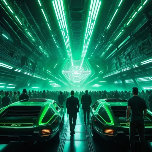 Prompt: Wide, crowded engine bay with high ceilings, smoke-filled, phosphorescent green lighting, pulsating warp core, crew members in the background, high quality, sci-fi, cyberpunk, industrial, dramatic lighting, futuristic, detailed machinery, atmospheric ambiance