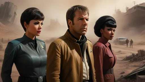 Prompt: Film noir version of Star Trek, Captain James T. Kirk, Spock, Commander Montgomery Scott, Lieutenant  Uhura, Dr. McCoy, Nurse Christine Chapel,
Realistic digital painting of a drifter, gritty post-apocalyptic wasteland, dusty and desolate environment,  high quality, detailed textures, realistic, post-apocalyptic, emotional storytelling, intense lighting and shadows, muted earthy tones, Denis Villeneuve-inspired, detailed facial expressions, dust and debris in the air, emotional connection, IMAX 70mm film, Zeiss ZM T* Biogon 21/2.8 lens