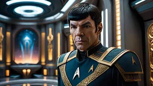 Prompt: a highly detailed, high quality professional matte painting incorporating elements of Star Trek, IMAX 70mm film, Leica APO-Summicron-M 90mm f/2 lens,


Admiral Spock, fierce demeanor, a fearsome leader, intelligent vibe, Roman-inspired haircut, highly detailed Roman-inspired gold Starfleet battle armor, ornate, intricate design, highly detailed Starfleet communicator badges, realistic rank insignia,  dynamic posture, highly detailed face, highly detailed facial wrinkle texture, highly detailed skin texture, highly detailed salt and pepper hair, highly detailed hair texture, highly detailed brown eyes, detailed iris texture, detailed pupils, highly detailed eyelashes, highly detailed eyebrows, highly detailed ears, highly detailed arms, highly detailed hands, detailed mouth texture, highly detailed fingers, detailed mouth, relaxed mouths, highly detailed teeth, 

a futuristic city, gleaming, futuristic highly detailed Roman architecture, splendid, opulent,  Highly detailed futuristic depiction of Roman iconography, marble and gold materials, highly detailed intricate marble carvings, futuristic Roman architecture, gold accents, ultra-detailed, professional, futuristic, highly detailed Roman iconography, marble, gold, intricate details, luxurious, dramatic lighting and shadows,  sci-fi, vibrant and dynamic, Roman Empire vibe, captivating storytelling, futuristic technology, detailed futuristic work stations, cinematic quality, dynamic composition,  unique visual narrative, dramatic angles, lens flare, professional lighting, subdued color scheme, sunset, 