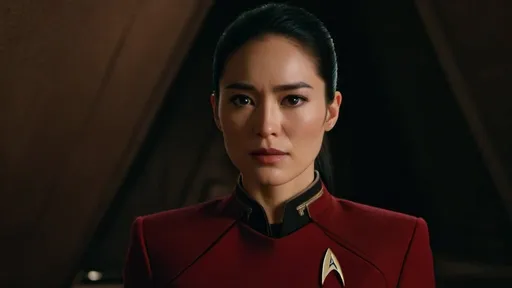 Prompt: Film noir version of Star Trek: Strange New Worlds, gritty post-apocalyptic wasteland, very windy, dusty and desolate environment,  derelict retro-futuristic spacecraft and rusty retro-futuristic mining equipment, detailed Starfleet away team uniforms, best quality, detailed textures, realistic, post-apocalyptic, intense close-ups,  44-year-old Christina Chong as Lieutenant La'an Noonien-Singh, detailed eyes, detailed red uniform, detailed hair, straight black hair, tight ponytail,  detailed face, detailed hands, detailed fingers, fit and trim, tough and observant, intelligent, vulnerable, tough looking, relaxed posture, natural posture,  caring demeanor,  emotional storytelling, intense lighting and shadows, muted earthy tones, liminal spaces, dramatic angles, professional lighting, Denis Villeneuve-inspired, detailed facial expressions, dust and debris in the air, lens flare,  IMAX 70mm film,  Zeiss ZM T* Biogon 21/2.8 lens,
