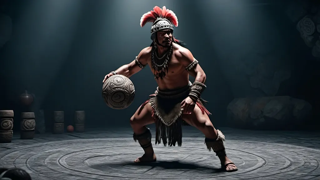 Prompt: a Mayan warrior in 500 CE, playing Mayan ball game, 110mm diameter ball, best quality, 64k, unreal engine, octane rendering, highly detailed, by Denis Villenueve, by Greig Fraser, Zeiss ZM T* Biogon 21/2.8 lens, IMAX 70mm film