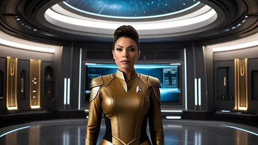 Prompt: a highly detailed, high quality professional matte painting incorporating elements of Star Trek, IMAX 70mm film, Voigtlander Super Wide-Heliar 15/4.5 lens,
 iconic Star Trek characters, detailed Roman-inspired Starfleet tunic, ornate, intricate design, highly detailed Starfleet communicator badges, gold and jewel embellishments, realistic rank insignia, relaxed posture, natural posture, dramatic lighting and shadows,  sci-fi, detailed face, relaxed facial expression, highly detailed skin texture, detailed hair, detailed hair texture, highly detailed eyes, detailed iris texture, detailed pupils, highly detailed eyelashes, highly detailed eyebrows, highly detailed ears, detailed arms, relaxed arms, detailed hands, detailed mouth texture, relaxed hands, detailed fingers, detailed mouths, relaxed mouths, detailed teeth,
 in deep space, on a futuristic starship, gleaming, futuristic Roman-inspired design, splendid, opulent,  Highly detailed futuristic depiction of Roman iconography, marble and gold materials, intricate marble carvings, futuristic Roman architecture, gold accents, ultra-detailed, professional, futuristic, Roman iconography, marble, gold, intricate details, advanced futuristic consoles, large highly  viewscreens, sleek advanced futuristic chairs, workstations with highly detailed holographic display panels, highly detailed schematics, central retro-futuristic Roman-inspired command center, opulently decorated, large LED panels, retro-futuristic, luxurious,  large forward viewscreen, highly detailed futuristic holographic display, vibrant and dynamic, Roman Empire vibe, captivating storytelling, expressive faces,  cybernetic enhancements, futuristic technology, detailed futuristic work stations, cinematic quality, dynamic composition, dramatic poses, unique visual narrative, dramatic angles, lens flare, professional lighting, subdued color scheme,  in deep space, Captain Kirk, commanding physical presence, quizzical expression, hyper masculine, Roman-inspired haircut

