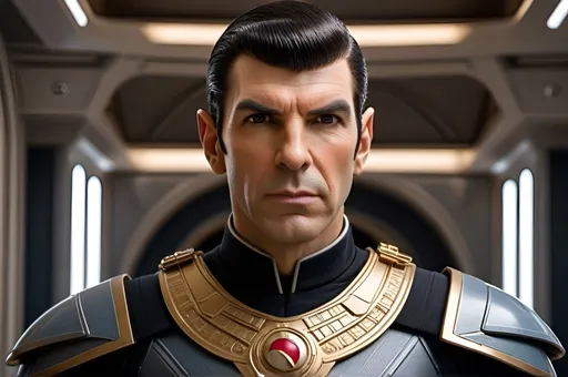 Prompt: Captain Spock, fierce demeanor, a fearsome leader, intelligent vibe, Roman-inspired haircut, highly detailed Roman-inspired gold Starfleet body armor, ornate, intricate design, highly detailed Starfleet communicator badges, realistic rank insignia,  dynamic posture, highly detailed face, highly detailed facial wrinkle texture, highly detailed skin texture, highly detailed salt and pepper hair, highly detailed hair texture, highly detailed eyes, detailed iris texture, detailed pupils, highly detailed eyelashes, highly detailed eyebrows, highly detailed ears, highly detailed arms, relaxed arms, highly detailed hands, detailed mouth texture, relaxed hands, highly detailed fingers, detailed mouth, relaxed mouths, highly detailed teeth, highly detailed futuristic starship, futuristic Roman-inspired design, marble and acrylic materials, cinematic quality, dynamic composition, unique visual narrative, dramatic angles, diffuse professional lighting, opulent, splendid, subdued color scheme, sci-fi, futuristic, detailed architecture, grand scale, professional atmospheric lighting, warlike vibe, IMAX 70mm film, Leica APO-Summicron-M 90mm f/2 lens,
