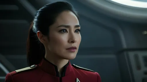 Prompt: Film noir version of Star Trek: Strange New Worlds, 44-year-old Christina Chong as Lieutenant La'an Noonien-Singh, detailed eyes, detailed red uniform, detailed hair, straight black hair, tight ponytail,  detailed face, detailed hands, detailed fingers, fit and trim, tough and observant, intelligent, vulnerable, tough looking, relaxed posture, natural posture,  caring demeanor, gritty post-apocalyptic wasteland, very windy, dusty and desolate environment,  derelict retro-futuristic spacecraft and rusty retro-futuristic mining equipment, detailed Starfleet away team uniforms, best quality, detailed textures, realistic, post-apocalyptic, intense close-ups,   emotional storytelling, intense lighting and shadows, muted earthy tones, liminal spaces, dramatic angles, professional lighting, Denis Villeneuve-inspired, detailed facial expressions, dust and debris in the air, lens flare,  IMAX 70mm film,  Zeiss ZM T* Biogon 21/2.8 lens,
