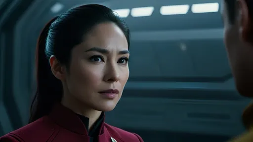 Prompt: Film noir version of Star Trek: Strange New Worlds, 44-year-old Christina Chong as Lieutenant La'an Noonien-Singh, detailed eyes, detailed red uniform, detailed hair, straight black hair, tight ponytail,  detailed face, detailed hands, detailed fingers, fit and trim, tough and observant, intelligent, vulnerable, tough looking, relaxed posture, natural posture,  caring demeanor, gritty post-apocalyptic wasteland, very windy, dusty and desolate environment,  derelict retro-futuristic spacecraft and rusty retro-futuristic mining equipment, detailed Starfleet away team uniforms, best quality, detailed textures, realistic, post-apocalyptic, intense close-ups,   emotional storytelling, intense lighting and shadows, muted earthy tones, liminal spaces, dramatic angles, professional lighting, Denis Villeneuve-inspired, detailed facial expressions, dust and debris in the air, lens flare,  IMAX 70mm film,  Zeiss ZM T* Biogon 21/2.8 lens,
