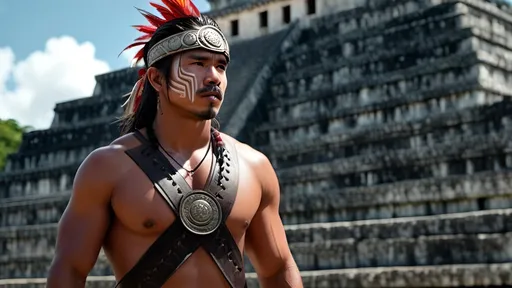 Prompt: A professional high quality, highly detailed matte painting for a film by Denis Villenueve,  by Greig Fraser, set in 500 CE, 64k octane rendering, the male gaze, an energetic male 20-year-old Mayan warrior, slender athletic build, a tuft of hair on the right side of his head, coppery brown skin, relaxed natural posture, scars, brightly colored tattoos , period garb,  jade jewelry, quilted armor, traditional Mayan headdress, fierce looking, clean shaven, detailed hair, detailed face, traditional Mayan footwear, practices in a Mayan ball court , in the crowded and bustling courtyard of  a pyramid, in the city of Chichen Itza, karst environment, cultivated vegetation, Mayan architecture, dozens of Mayan ball players, a thriving community,  a sense of foreboding, mysterious and strange, hyper masculinity, a sense impending doom, a deep connection to the natural world,
unreal engine, professional lighting, muted colors, IMAX 70mm film, Zeiss ZM T* Biogon 21/2.8 lens, dramatic angles, bright vibrant colors, fields of maize, detailed clothes, detailed hair, detailed hands, detailed eyes, a sense of disaster, best quality 