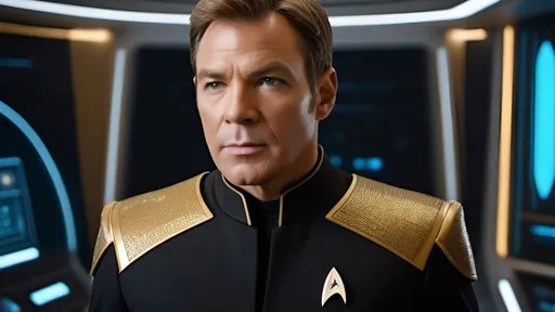 Prompt: a highly detailed, high quality professional matte painting incorporating elements of Star Trek, IMAX 70mm film, Voigtlander Super Wide-Heliar 15/4.5 lens,
 Captain Kirk, gold tunic, commanding physical presence, quizzical expression, hyper masculine, Roman-inspired haircut, detailed Roman-inspired Starfleet tunic, ornate, intricate design, highly detailed Starfleet communicator badges, gold and jewel embellishments, realistic rank insignia, relaxed posture, natural posture, dramatic lighting and shadows,  sci-fi, detailed face, relaxed facial expression, highly detailed skin texture, detailed hair, detailed hair texture, highly detailed eyes, detailed iris texture, detailed pupils, highly detailed eyelashes, highly detailed eyebrows, highly detailed ears, detailed arms, relaxed arms, detailed hands, detailed mouth texture, relaxed hands, detailed fingers, detailed mouths, relaxed mouths, detailed teeth,
 in deep space, on a futuristic starship, gleaming, futuristic Roman-inspired design, splendid, opulent,  Highly detailed futuristic depiction of Roman iconography, marble and gold materials, intricate marble carvings, futuristic Roman architecture, gold accents, ultra-detailed, professional, futuristic, Roman iconography, marble, gold, intricate details, advanced futuristic consoles, large highly  viewscreens, sleek advanced futuristic chairs, workstations with highly detailed holographic display panels, highly detailed schematics, central retro-futuristic Roman-inspired command center, opulently decorated, large LED panels, retro-futuristic, luxurious,  large forward viewscreen, highly detailed futuristic holographic display, vibrant and dynamic, Roman Empire vibe, captivating storytelling, expressive faces,  cybernetic enhancements, futuristic technology, detailed futuristic work stations, cinematic quality, dynamic composition, dramatic poses, unique visual narrative, dramatic angles, lens flare, professional lighting, subdued color scheme,  iconic Star Trek characters,

