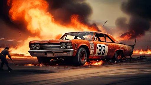 Prompt: Wreck at the fourth turn of the 1965 Daytona 500 in hell, fantasy style, chaotic fiery atmosphere, vintage race cars engulfed in flames, twisted metal, intense heat, hellish red and orange tones, dramatic lighting, high energy, infernal, vintage feel, fantasy art, intense flames, chaotic wreckage, vintage race cars, fantasy setting, dramatic atmosphere, best quality, unreal engine, by TIM LAYZELL

