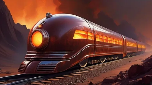 Prompt: Art Deco Streamliner locomotive in hell, fiery landscape, vintage-futuristic style, intricate metallic details, hellish atmosphere, high quality, retro-futurism, art deco, streamliner, inferno, fiery, vintage, intricate design, hellish landscape, detailed metallic, atmospheric lighting, unreal engine,  by Vallejo, by Terence Cuneo, by TIM LAYZELL

