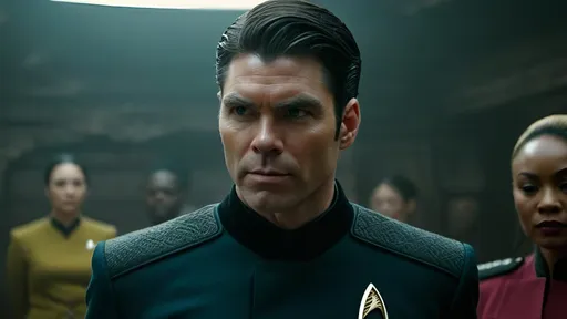 Prompt: Film noir version of Star Trek: Strange New World, Anson Mount is Captain Christopher Pike, Ethan Peck is half-Vulcan Lieutenant  Spock, Jess Bush is nurse Christine Chapel, Christina Chong is Asian Lieutenant La'an Noonien-Singh, Celia Rose Gooding is black African Ensign Nyota Uhura, Melissa Navia is Mexican Lieutenant Erica Ortegas, Babs Olusanmokun is black African Dr. Joseph M'Benga, Bruce Horak is Andorian Commander Hemmer, Rebecca Romijn is  Illyrian First Officer Una Chin-Riley,  a scene in gritty post-apocalyptic wasteland, dusty and desolate environment,  high quality, detailed textures, realistic, post-apocalyptic, intense close-ups, derelict spacecraft with ancient futuristic technology, emotional storytelling, intense lighting and shadows, muted earthy tones, rusty futuristic mining equipment, liminal spaces, dramatic angles, Denis Villeneuve-inspired, detailed facial expressions, dust and debris in the air, lens flare,  emotional connection, IMAX 70mm film, Voigtlander Super Wide-Heliar 15/4.5 lens, 