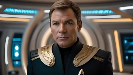 Prompt: a highly detailed, high quality professional matte painting incorporating elements of Star Trek, IMAX 70mm film, Voigtlander Super Wide-Heliar 15/4.5 lens,
 Captain Kirk, gold tunic, commanding physical presence, quizzical expression, hyper masculine, Roman-inspired haircut, detailed Roman-inspired Starfleet tunic, ornate, intricate design, highly detailed Starfleet communicator badges, gold and jewel embellishments, realistic rank insignia, relaxed posture, natural posture, dramatic lighting and shadows,  sci-fi, detailed face, relaxed facial expression, highly detailed skin texture, detailed hair, detailed hair texture, highly detailed eyes, detailed iris texture, detailed pupils, highly detailed eyelashes, highly detailed eyebrows, highly detailed ears, detailed arms, relaxed arms, detailed hands, detailed mouth texture, relaxed hands, detailed fingers, detailed mouths, relaxed mouths, detailed teeth,
 in deep space, on a futuristic starship, gleaming, futuristic Roman-inspired design, splendid, opulent,  Highly detailed futuristic depiction of Roman iconography, marble and gold materials, intricate marble carvings, futuristic Roman architecture, gold accents, ultra-detailed, professional, futuristic, Roman iconography, marble, gold, intricate details, advanced futuristic consoles, large highly  viewscreens, sleek advanced futuristic chairs, workstations with highly detailed holographic display panels, highly detailed schematics, central retro-futuristic Roman-inspired command center, opulently decorated, large LED panels, retro-futuristic, luxurious,  large forward viewscreen, highly detailed futuristic holographic display, vibrant and dynamic, Roman Empire vibe, captivating storytelling, expressive faces,  cybernetic enhancements, futuristic technology, detailed futuristic work stations, cinematic quality, dynamic composition, dramatic poses, unique visual narrative, dramatic angles, lens flare, professional lighting, subdued color scheme,  iconic Star Trek characters,

