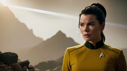 Prompt: Film noir version of Star Trek: Strange New World, Rebbeca Romijn as 35-year-old Commander Una Chin-Riley, yellow uniform, detailed eyes, detailed uniform, detailed hair, dark brown hair, ponytail, detailed face, detailed hands, detailed fingers, fit and trim, compassionate looking, a commanding physical presence, relaxed posture, natural posture,  professional demeanor, gritty post-apocalyptic wasteland, windy, dusty and desolate environment,  derelict retro-futuristic spacecraft and rusty retro-futuristic mining equipment, detailed Starfleet away team uniforms, best quality, detailed textures, realistic, post-apocalyptic, intense close-ups,   emotional storytelling, intense lighting and shadows, muted earthy tones, liminal spaces, dramatic angles, professional lighting, Denis Villeneuve-inspired, detailed facial expressions, dust and debris in the air, lens flare,  IMAX 70mm film,  Zeiss ZM T* Biogon 21/2.8 lens,
