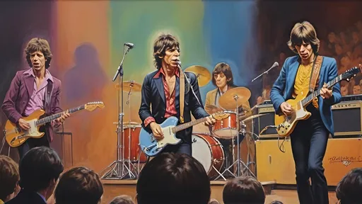 Prompt: The Rolling Stones performing at University of Leeds Refectory
in 1970, realistic oil painting, detailed musical instruments, lively atmosphere, professional artistry, vibrant colors, warm lighting, high quality, realistic, 80s, live concert, oil painting, vibrant, detailed instruments, professional, warm colors, lively atmosphere