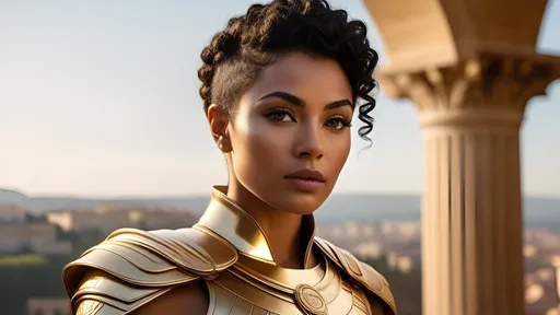 Prompt: detailed Roman-inspired Starfleet armor, ornate, intricate design, detailed Starfleet communicator badges, realistic rank insignia, Starfleet-inspired Roman toga, ancient Roman hairstyle, relaxed posture, natural posture, dramatic lighting and shadows,  sci-fi, detailed faces, detailed hair, highly detailed eyes, detailed iris texture, detailed pupils, detailed eyelashes, detailed eyebrows, detailed arms, relaxed arms, detailed hands, relaxed hands, detailed mouths, on a hill above a futuristic city, gleaming, futuristic Roman architecture, splendid, opulent, Highly detailed futuristic depictions of Roman iconography, marble and gold materials, intricate marble carvings, futuristic Roman architecture, gold accents, ultra-detailed, professional, futuristic, Roman iconography, marble, gold, intricate details, luxurious, vibrant and dynamic, Roman Empire vibe, captivating storytelling, expressive faces, intense expressions, cybernetic enhancements, futuristic technology, detailed futuristic work stations, cinematic quality, dynamic composition, dramatic poses, unique visual narrative, dramatic angles, lens flare, professional lighting, subdued color scheme, the golden hour, Uhura