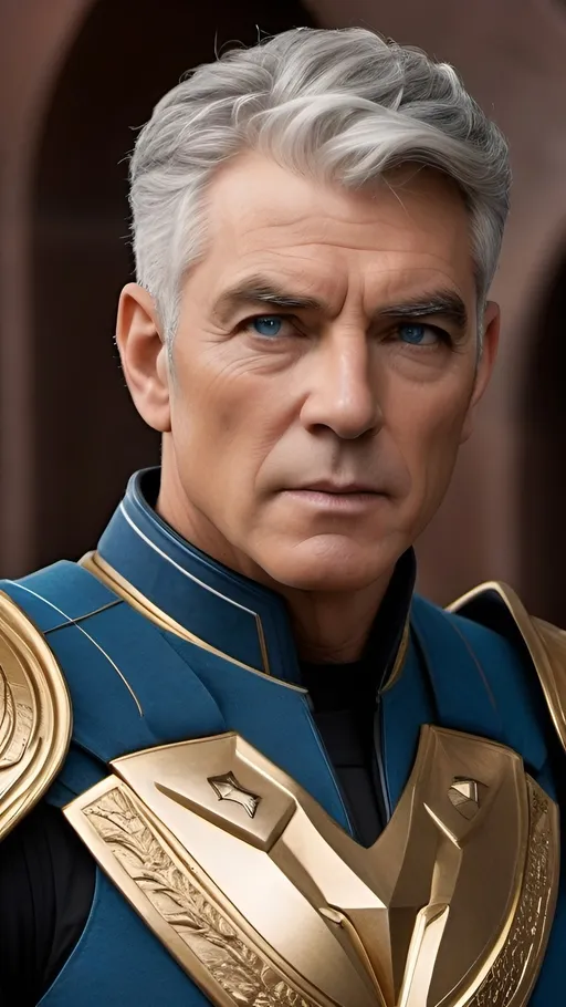 Prompt: Admiral Kirk, rugged looks, battle scarred, Confident, cocky, commanding demeanor,  intelligent vibe, proud and imperious, Roman-inspired haircut, gray hair, grizzled, gruff exterior, detailed gold Roman-inspired Starfleet body armor, ornate, intricate design, highly detailed Starfleet communicator badge, gold and jewel embellishments, realistic rank insignia, dynamic posture,  highly detailed face, intense facial expression, highly detailed facial wrinkles, highly detailed skin texture, highly detailed hair, highly detailed hair texture, highly detailed steely blue eyes, detailed iris texture, detailed pupils, highly detailed corneas, highly detailed sclera texture, highly detailed eyelashes, highly detailed eyebrows, highly detailed ears, highly detailed arms, highly detailed hands, detailed mouth texture, relaxed hands, highly detailed fingers, highly detailed mouth, relaxed mouths, highly detailed teeth,
highly detailed futuristic starship, futuristic Roman-inspired design, marble and acrylic materials, cinematic quality, dynamic composition, unique visual narrative, dramatic angles, diffuse professional lighting, opulent, splendid, subdued color scheme, sci-fi, futuristic, detailed architecture, grand scale, professional, atmospheric lighting, warlike vibe, IMAX 70mm film, Leica APO-Summicron-M 90mm f/2 lens,
