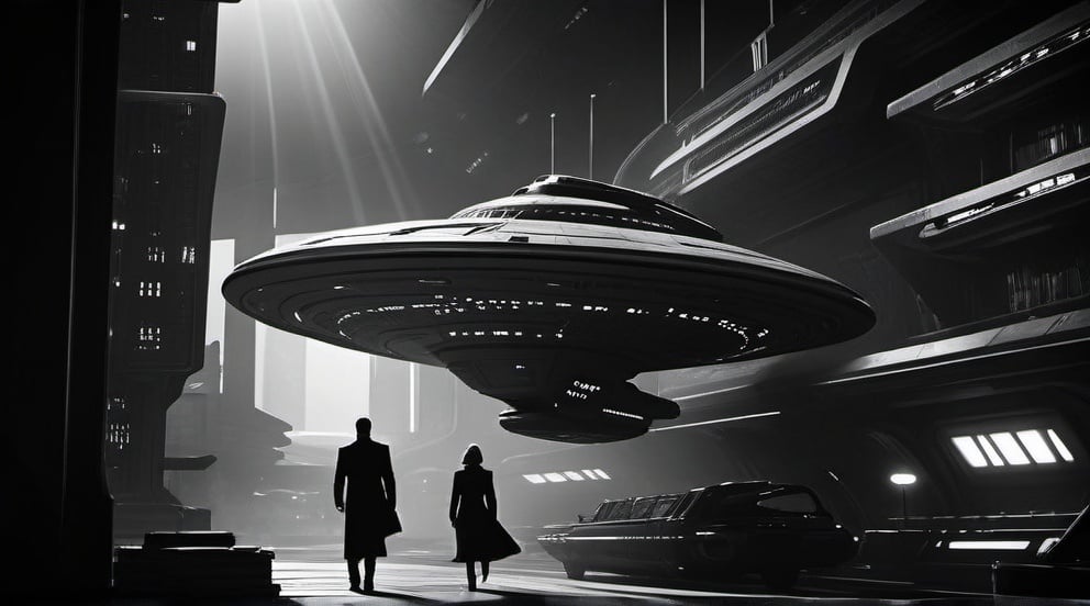 Prompt: Noir interpretation of Star Trek: Prodigy, black and white, dramatic lighting, futuristic cityscape, vintage spaceship, mysterious shadows, high contrast, film noir, detailed characters, professional, atmospheric lighting