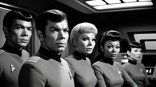 Prompt: Captain James T. Kirk, Spock, Montgomery Scott, Uhura, Dr. McCoy, Nurse Chapel,
Mr. Sulu, Ensign Chekov, Janice Rand, Film noir version of Star Trek, black and white, moody lighting,  vintage futuristic technology, intense close-ups, mysterious atmosphere, highly detailed, professional, film noir, vintage sci-fi, liminal space, dramatic lighting, intense gaze, detailed faces, highly expressive faces,  detailed eyes, detailed hair, detailed hands, crew members, shuttlecraft, blinking lights, computers, consoles, aliens,   grainy film look, detailed face, expressive face,  hands, detailed hair, detailed fingers, realistic fingers,  detailed fingernails, detailed mouths, detailed teeth,  perfect hands, physical perfection, relaxed posture,  hard boiled, tough, IMAX 70mm film, 15mm lens, hypermasculinity, best quality,  octane rendering,