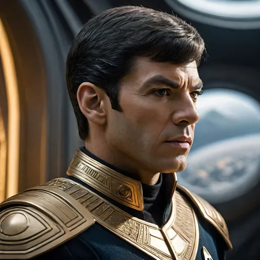 Prompt: a highly detailed, high quality professional matte painting incorporating elements of Star Trek, IMAX 70mm film, Leica APO-Summicron-M 90mm f/2 lens,


Captain Spock, fierce demeanor, a fearsome leader, intelligent vibe, Roman-inspired haircut, highly detailed Roman-inspired gold Starfleet battle armor, ornate, intricate design, highly detailed Starfleet communicator badges, realistic rank insignia,  dynamic posture, highly detailed face, highly detailed facial wrinkle texture, highly detailed skin texture, highly detailed salt and pepper hair, highly detailed hair texture, highly detailed brown eyes, detailed iris texture, detailed pupils, highly detailed eyelashes, highly detailed eyebrows, highly detailed ears, highly detailed arms, highly detailed hands, detailed mouth texture, highly detailed fingers, detailed mouth, relaxed mouths, highly detailed teeth, 

a futuristic city, gleaming, futuristic Roman architecture, splendid, opulent,  Highly detailed futuristic depiction of Roman iconography, marble and gold materials, intricate marble carvings, futuristic Roman architecture, gold accents, ultra-detailed, professional, futuristic, Roman iconography, marble, gold, intricate details, luxurious, dramatic lighting and shadows,  sci-fi, vibrant and dynamic, Roman Empire vibe, captivating storytelling, futuristic technology, detailed futuristic work stations, cinematic quality, dynamic composition,  unique visual narrative, dramatic angles, lens flare, professional lighting, subdued color scheme, the golden hour, 