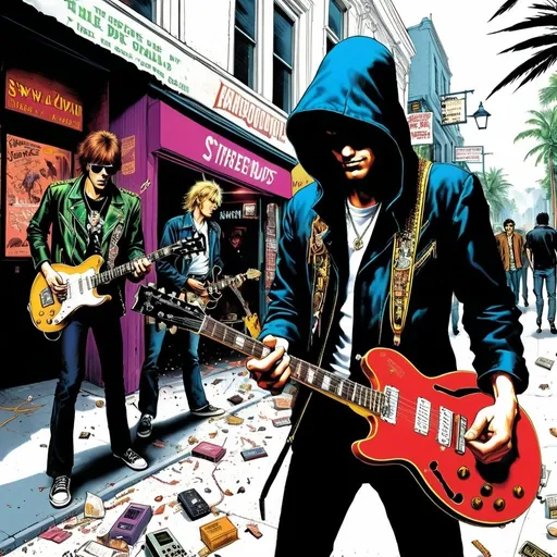 Prompt: he street's alive as secret debts are paid, contacts made, they vanished unseen
Kids flash guitars just like switch-blades hustling for the record machine
The hungry and the hunted explode into rock and roll bands
They faced off against each other out in the street down in Jungleland