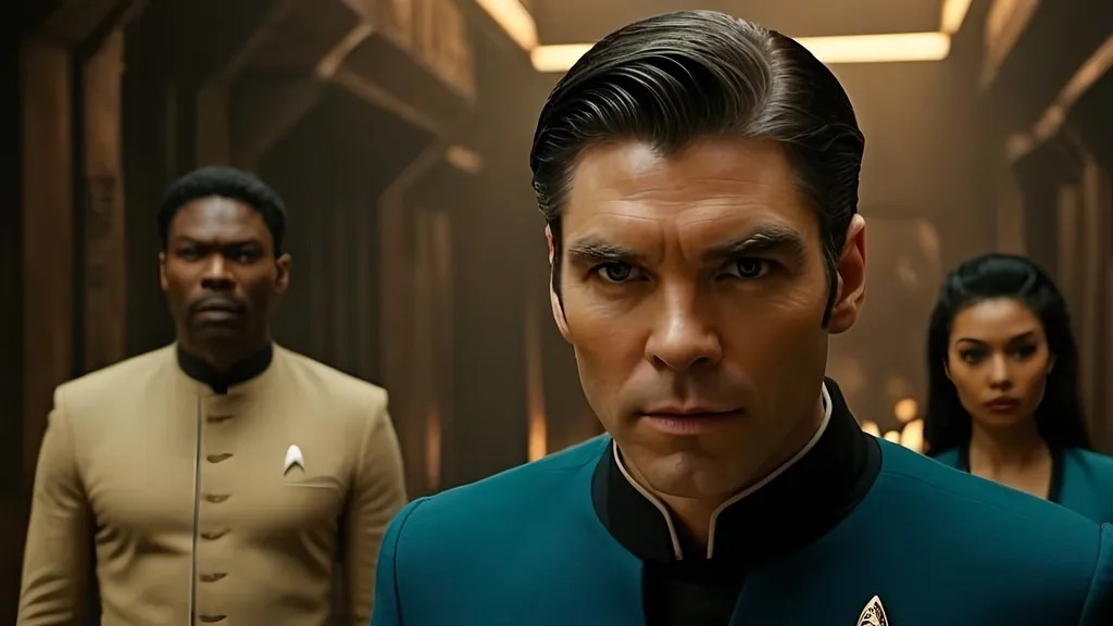 Prompt: Film noir version of Star Trek: Strange New World, Anson Mount is Captain Christopher Pike, Ethan Peck is half-Vulcan Lieutenant  Spock, Jess Bush is nurse Christine Chapel, Christina Chong is Asian Lieutenant La'an Noonien-Singh, Celia Rose Gooding is black African Ensign Nyota Uhura, Melissa Navia is Mexican Lieutenant Erica Ortegas, Babs Olusanmokun is black African Dr. Joseph M'Benga, Bruce Horak is Andorian Commander Hemmer, Rebecca Romijn is  Illyrian First Officer Una Chin-Riley,  a scene in gritty post-apocalyptic wasteland, dusty and desolate environment,  high quality, detailed textures, realistic, post-apocalyptic, intense close-ups, derelict spacecraft with ancient futuristic technology, emotional storytelling, intense lighting and shadows, muted earthy tones, rusty futuristic mining equipment, liminal spaces, dramatic angles, Denis Villeneuve-inspired, detailed facial expressions, dust and debris in the air, lens flare,  emotional connection, IMAX 70mm film, Voigtlander Super Wide-Heliar 15/4.5 lens, 