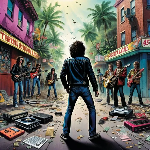 Prompt: he street's alive as secret debts are paid, contacts made, they vanished unseen
Kids flash guitars just like switch-blades hustling for the record machine
The hungry and the hunted explode into rock and roll bands
They faced off against each other out in the street down in Jungleland