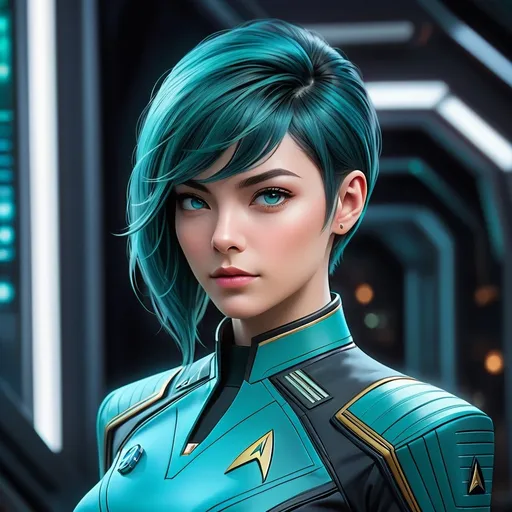 Prompt: Female Vulcan science officer, teal hair, Star Trek Discovery, engineering section, futuristic setting, detailed facial features, sci-fi, high-tech, professional, cool tones, atmospheric lighting, 64k, unreal engine, ultra-detailed, sleek design, futuristic technology, Vulcan features, teal hair highlights, detailed uniform, Star Trek, Discovery, engineering focus, intense gaze, by Julie Bell, movie poster style