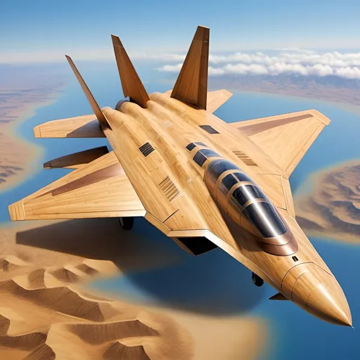 Prompt: Bamboo F-22 plane, detailed realistic textures, high quality, wooden materials, precise craftmanship, ultra-detailed, realistic, flying high above the desert, blue sky, professional, natural lighting, warm tones, realistic wood grain, fine details, accurate proportions, traditional craftsmanship