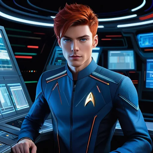 Prompt: the male gaze, male  30-year-old Gay  male Irish communications officer at the communications console, slender build, relaxed posture, Star Trek Discovery, futuristic sci-fi setting, sleek and modern design, bright and high-tech control panel, detailed skin, detailed hair, short red hair, detailed facial features, male, vibrant and dynamic lighting, professional, highres, sci-fi, futuristic, detailed expression, modern technology, atmospheric lighting, high res, ultra realistic, octane rendering, 64k, CFG:14, highly detailed photorealistic matte painting by Mapplethorpe, movie poster style,