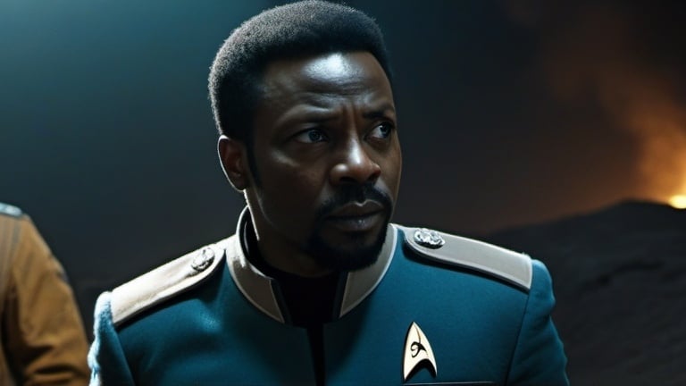 Prompt: Film noir version of Star Trek: Strange New World,  Babs Olusanmokun is male 38-year-old Kenyan Commander Joseph M'Benga, detailed eyes, detailed uniform, detailed hair, detailed face, detailed hands, detailed fingers, fit and trim, rugged looking, relaxed posture, natural posture,  concerned demeanor, gritty post-apocalyptic wasteland, windy, dusty and desolate environment,  derelict retro-futuristic spacecraft and rusty retro-futuristic mining equipment, detailed Starfleet away team uniforms, best quality, detailed textures, realistic, post-apocalyptic, intense close-ups,   emotional storytelling, intense lighting and shadows, muted earthy tones, liminal spaces, dramatic angles, professional lighting, Denis Villeneuve-inspired, detailed facial expressions, dust and debris in the air, lens flare,  IMAX 70mm film,  Zeiss ZM T* Biogon 21/2.8 lens,
