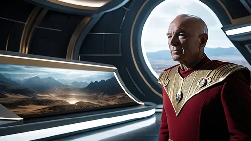Prompt: a highly detailed, high quality professional matte painting incorporating elements of Star Trek: The Next Generation, IMAX 70mm film, Leica APO-Summicron-M 90mm f/2 lens,

80-year-old Admiral Picard, completely bald head, Confident, cocky, regal demeanor,  haughty bearing, intelligent vibe, proud and imperious,  highly detailed crimson Roman-inspired Starfleet toga, Roman civic crown, ornate, intricate design, highly detailed scalp texture, highly detailed forehead creases, highly detailed face, intense facial expression, highly detailed facial wrinkles, highly detailed skin texture,  highly detailed warm hazel eyes, highly detailed iris texture, highly detailed pupils, highly detailed corneas, highly detailed sclera texture, highly detailed eyelashes, highly detailed eyebrows, highly detailed ears, highly detailed arms, highly detailed hands, highly detailed mouth texture, highly detailed fingers, highly detailed mouth, highly detailed teeth, dramatic poses,


a highly detailed futuristic city, gleaming, futuristic highly detailed Roman architecture, splendid, opulent,  Highly detailed futuristic depiction of Roman iconography, marble and gold materials, highly detailed intricate marble carvings, futuristic Roman architecture, gold accents, ultra-detailed, professional, futuristic, highly detailed Roman iconography, marble, gold, intricate details, luxurious, dramatic lighting and shadows, sci-fi, vibrant and dynamic, Roman Empire vibe, captivating storytelling, futuristic technology, highly detailed futuristic work stations, cinematic quality, dynamic composition,  unique visual narrative, dramatic angles, lens flare, professional lighting, subdued color scheme, night, two moons, 