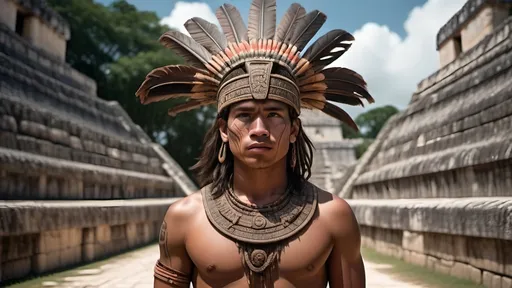 Prompt: A professional high quality, highly detailed matte painting for a film by Denis Villenueve,  by Greig Fraser, set in 500 CE, 64k octane rendering, the male gaze, an energetic male 20-year-old Mayan warrior, slender athletic build, a tuft of hair on the right side of his head, coppery brown skin, relaxed natural posture, scars, brightly colored tattoos , period garb,  jade jewelry, quilted armor, traditional Mayan headdress, fierce looking, clean shaven, detailed hair, detailed face, traditional Mayan footwear, plays  in a Mayan ball court , in the crowded and bustling courtyard of  a pyramid, in the city of Chichen Itza, karst environment, cultivated vegetation, Mayan architecture, dozens of Mayan ball players, a thriving community,  a sense of foreboding, mysterious and strange, hyper masculinity, a sense impending doom, a deep connection to the natural world,
unreal engine, professional lighting, muted colors, IMAX 70mm film, Zeiss ZM T* Biogon 21/2.8 lens, dramatic angles, bright vibrant colors, fields of maize, detailed clothes, detailed hair, detailed hands, detailed eyes, a sense of disaster, best quality 