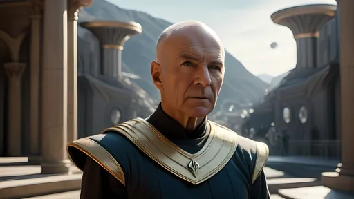 Prompt: a highly detailed, high quality professional matte painting incorporating elements of Star Trek: The Next Generation, IMAX 70mm film, Leica APO-Summicron-M 90mm f/2 lens,

80-year-old Admiral Picard, completely bald head, Confident, cocky, regal demeanor,  haughty bearing, intelligent vibe, proud and imperious,  highly detailed crimson Roman-inspired Starfleet toga, Roman civic crown, ornate, intricate design, highly detailed scalp texture, highly detailed forehead creases, highly detailed deeply wrinkled  face, intense facial expression, highly detailed facial wrinkles, highly detailed skin texture,  highly detailed warm hazel eyes, highly detailed iris texture, highly detailed pupils, highly detailed corneas, highly detailed sclera texture, highly detailed eyelashes, highly detailed eyebrows, highly detailed ears, highly detailed arms, highly detailed hands, highly detailed mouth texture, highly detailed fingers, highly detailed mouth, highly detailed teeth, dramatic poses,


a highly detailed futuristic city, gleaming, futuristic highly detailed Roman architecture, splendid, opulent,  Highly detailed futuristic depiction of Roman iconography, marble and gold materials, highly detailed intricate marble carvings, futuristic Roman architecture, gold accents, ultra-detailed, professional, futuristic, highly detailed Roman iconography, marble, gold, intricate details, luxurious, dramatic lighting and shadows, sci-fi, vibrant and dynamic, Roman Empire vibe, captivating storytelling, futuristic technology, highly detailed futuristic work stations, highly detailed holographic viewscreens, highly detailed maps, cinematic quality, dynamic composition,  unique visual narrative, dramatic angles, lens flare, professional lighting, subdued color scheme, sunrise