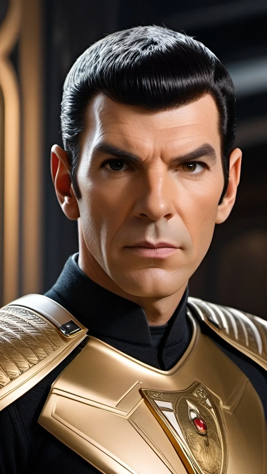 Prompt: Captain Spock, fierce demeanor, a fearsome leader, intelligent vibe, Roman-inspired haircut, highly detailed Roman-inspired gold Starfleet body armor, ornate, intricate design, highly detailed Starfleet communicator badges, realistic rank insignia,  dynamic posture, highly detailed face, highly detailed facial wrinkle texture, highly detailed skin texture, highly detailed salt and pepper hair, highly detailed hair texture, highly detailed eyes, detailed iris texture, detailed pupils, highly detailed eyelashes, highly detailed eyebrows, highly detailed ears, highly detailed arms, relaxed arms, highly detailed hands, detailed mouth texture, relaxed hands, highly detailed fingers, detailed mouth, relaxed mouths, highly detailed teeth, highly detailed futuristic starship, futuristic Roman-inspired design, marble and acrylic materials, cinematic quality, dynamic composition, unique visual narrative, dramatic angles, diffuse professional lighting, opulent, splendid, subdued color scheme, sci-fi, futuristic, detailed architecture, grand scale, professional atmospheric lighting, warlike vibe, IMAX 70mm film, Leica APO-Summicron-M 90mm f/2 lens,
