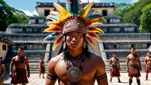 Prompt: A professional high quality, highly detailed matte painting for a film by Denis Villenueve,  by Greig Fraser, set in 500 CE, 64k octane rendering, the male gaze, an energetic male 20-year-old Mayan warrior, slender athletic build, a tuft of hair on the right side of his head, coppery brown skin, relaxed natural posture, scars, brightly colored tattoos , period garb,  jade jewelry, quilted armor, traditional Mayan headdress, fierce looking, clean shaven, detailed hair, detailed face, traditional Mayan footwear, practices in a Mayan ball court , in the crowded and bustling courtyard of  a pyramid, in the city of Chichen Itza, karst environment, cultivated vegetation, Mayan architecture, dozens of Mayan ball players, a thriving community,  a sense of foreboding, mysterious and strange, hyper masculinity, a sense impending doom, a deep connection to the natural world,
unreal engine, professional lighting, muted colors, IMAX 70mm film, Zeiss ZM T* Biogon 21/2.8 lens, dramatic angles, bright vibrant colors, fields of maize, detailed clothes, detailed hair, detailed hands, detailed eyes, a sense of disaster, best quality 