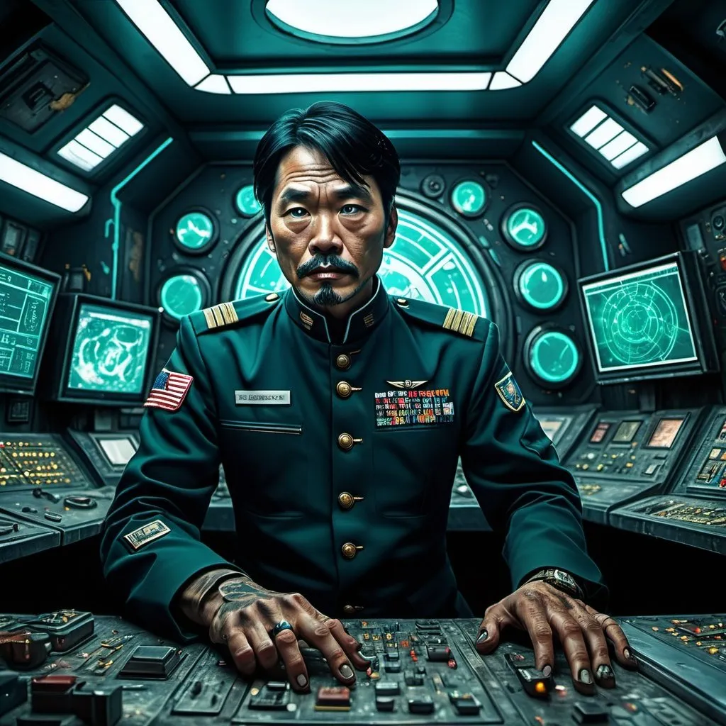 Prompt: create an image of a highly detailed realistic pop art painting by Derek Eland for a  space opera  horror movie set in deep space in 3624 , against the backdrop of a spacious hemispherical bridge dominated by a large forward viewscreen of an enormous near-derelict space dreadnaught, in the foreground Captain Lee Kobisanii, a thin and handsome black haired blue eyed 50 year old Asian man with a slender build, sharp features, his face set in determination, talks on a communication device,  crewmembers in the background, blinking lights detailed uniforms futuristic hairstyles muscular arms detailed arms smoke electrical sparks open panels steam detailed computers detailed consoles, detailed schematics on detailed LCD screens, rust detailed hands detailed legs peeling paint low angle 15mm lens dramatic angles moody atmospheric spooky a sense of impending doom rivets bolts girders scaffolding  leather boots catwalks  grainy film look detailed faces  expressive faces  grime relaxed hands detailed hair detailed fingers realistic fingers oil smears tattoos detailed fingernails detailed mouths detailed legs well muscled legs detailed wrists detailed forearms detailed biceps detailed sweat detailed boots detailed teeth nightmarish perfect hands film noir look  smoke  period clothing period head ware intense atmosphere relaxed posture  scars  tough 70mm film hyper masculinity  fear cavernous spaces natural looking hands atmospheric natural physiques relaxed postures a sense of immensity bright green eyes detailed jewelry, gold, silver, rubies, platinum, diamonds, pearls, emeralds, octane rendering  inspired by the art of inspired by the art of Brian Fox

