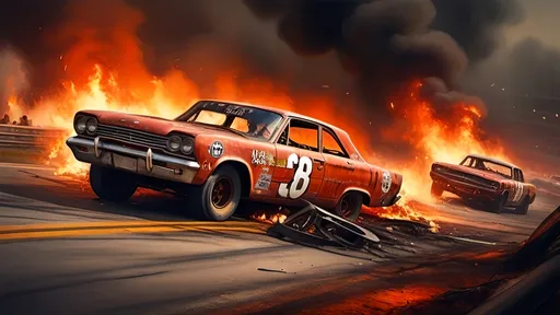Prompt: Wreck at the fourth turn of the 1965 Daytona 500 in hell, fantasy style, detailed drivers, chaotic fiery atmosphere, vintage race cars engulfed in flames, twisted metal, intense heat, hellish red and orange tones, dramatic lighting, high energy, infernal, vintage feel, fantasy art, intense flames, chaotic wreckage, vintage race cars, fantasy setting, dramatic atmosphere, best quality, unreal engine, by TIM LAYZELL

