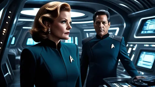 Prompt:  Art deco interpretation of Star Trek: Voyager, Captain Janeway, Chakotay, dramatic lighting, futuristic cityscape, vintage spaceship, mysterious shadows, high contrast, film noir, detailed characters, detailed faces, detailed hair, detailed eyes, expressive faces, expressive hands, relaxed posture, detailed hands, professional, atmospheric lighting, moody lighting, vintage futuristic technology, mysterious atmosphere, highly detailed, professional, film noir, vintage sci-fi, liminal space, best quality, IMAX 70mm film, 15mm lens, hypermasculinity, hyperfeminine, best quality,  octane rendering,

