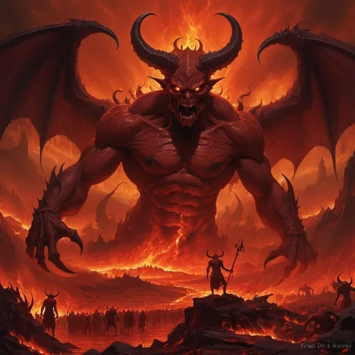 Prompt: Hell on Earth, digital illustration, demonic creatures, fiery landscape, chaotic and apocalyptic, high quality, dark fantasy, intense red and orange tones, dramatic lighting, ultra-detailed, infernal atmosphere, by Frank Dicksee