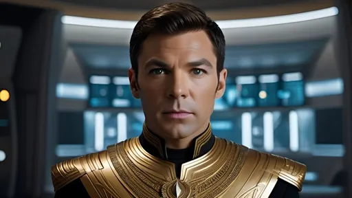 Prompt: a highly detailed, high quality professional matte painting incorporating elements of Star Trek, IMAX 70mm film, Voigtlander Super Wide-Heliar 15/4.5 lens,
 Captain Kirk, gold tunic, commanding physical presence, quizzical expression, hyper masculine, Roman-inspired haircut, detailed Roman-inspired Starfleet tunic, ornate, intricate design, highly detailed Starfleet communicator badges, gold and jewel embellishments, realistic rank insignia, relaxed posture, natural posture, dramatic lighting and shadows,  sci-fi, detailed face, relaxed facial expression, highly detailed skin texture, detailed hair, detailed hair texture, highly detailed eyes, detailed iris texture, detailed pupils, highly detailed eyelashes, highly detailed eyebrows, highly detailed ears, detailed arms, relaxed arms, detailed hands, detailed mouth texture, relaxed hands, detailed fingers, detailed mouths, relaxed mouths, detailed teeth,
 in deep space, on a futuristic starship, gleaming, futuristic Roman-inspired design, splendid, opulent,  Highly detailed futuristic depiction of Roman iconography, marble and gold materials, intricate marble carvings, futuristic Roman architecture, gold accents, ultra-detailed, professional, futuristic, Roman iconography, marble, gold, intricate details, advanced futuristic consoles, large highly  viewscreens, sleek advanced futuristic chairs, workstations with highly detailed holographic display panels, highly detailed schematics, central retro-futuristic Roman-inspired command center, opulently decorated, large LED panels, retro-futuristic, luxurious,  large forward viewscreen, highly detailed futuristic holographic display, vibrant and dynamic, Roman Empire vibe, captivating storytelling, expressive faces,  cybernetic enhancements, futuristic technology, detailed futuristic work stations, cinematic quality, dynamic composition, dramatic poses, unique visual narrative, dramatic angles, lens flare, professional lighting, subdued color scheme,  iconic Star Trek characters,

